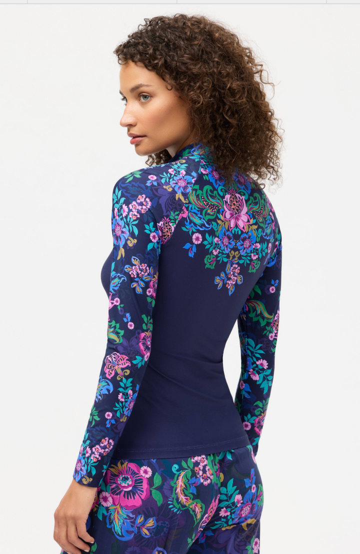 Navy Melia surf shirt by Johnny Was, lightweight tops with a relaxed fit, featuring a subtle ocean-inspired pattern.