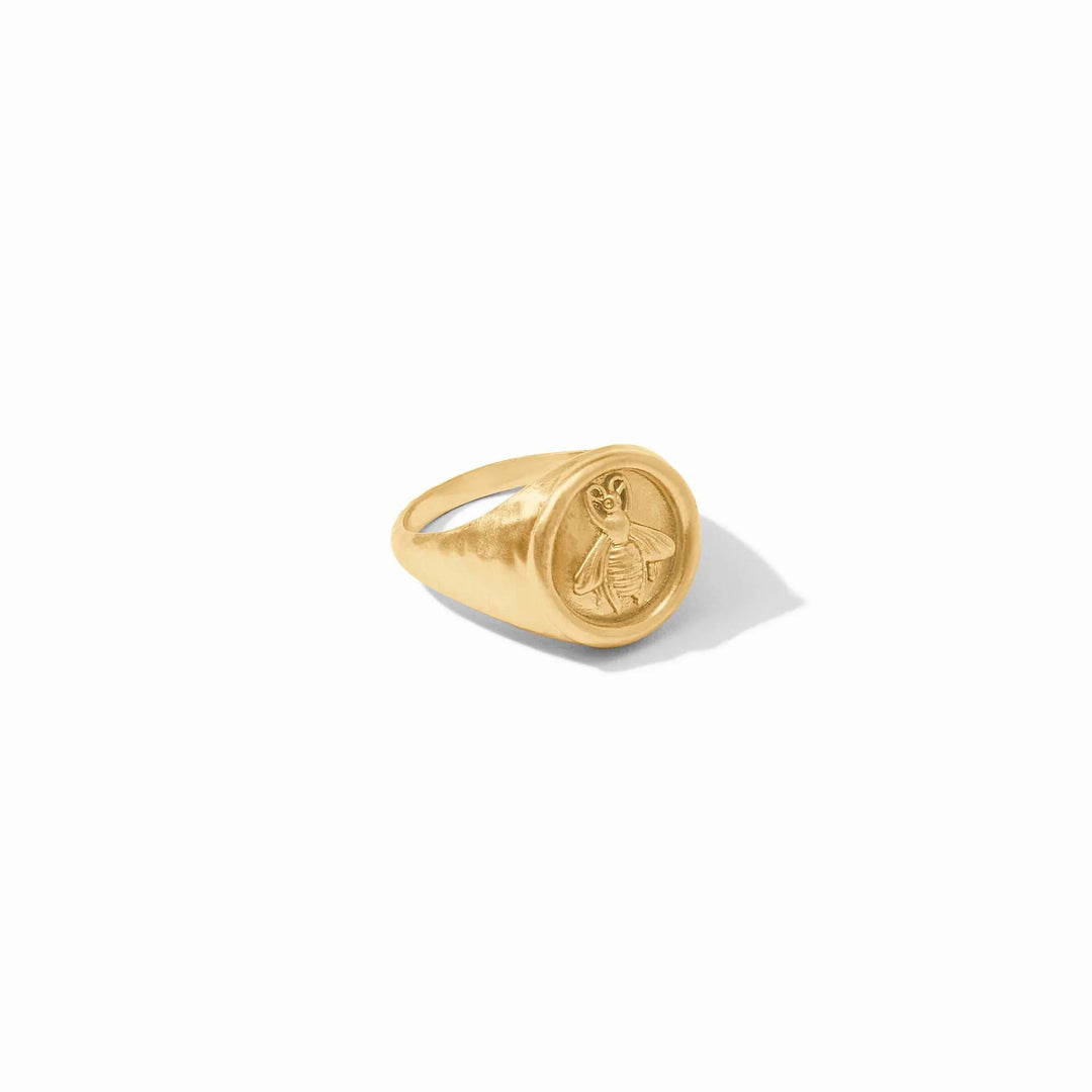 Julie Vos bee signet ring, gold-tone accessories jewelry with detailed bee design, close-up view.