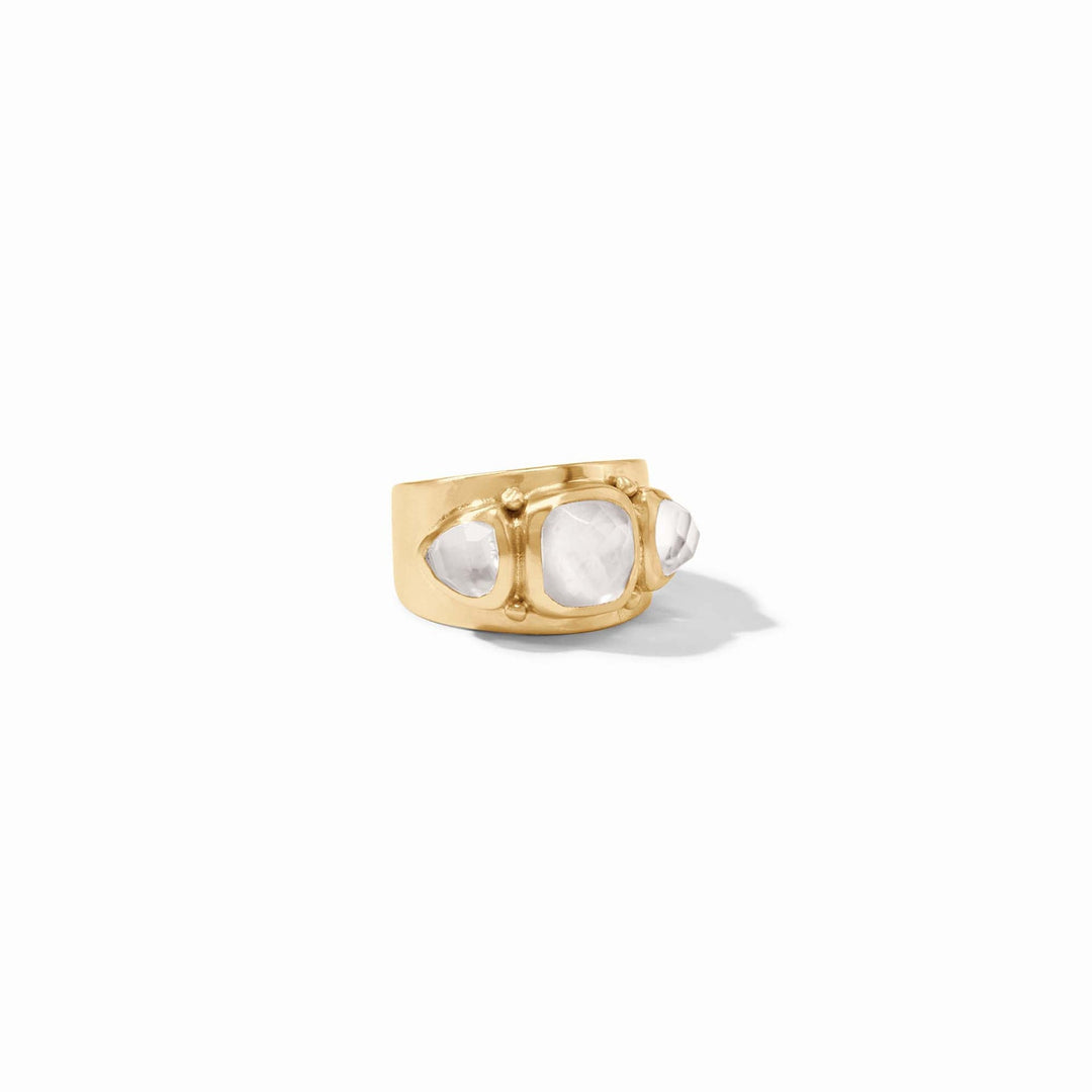 Julie Vos Aquitaine statement ring with iridescent clear crystal, showcasing elegant jewelry design and intricate metalwork.
