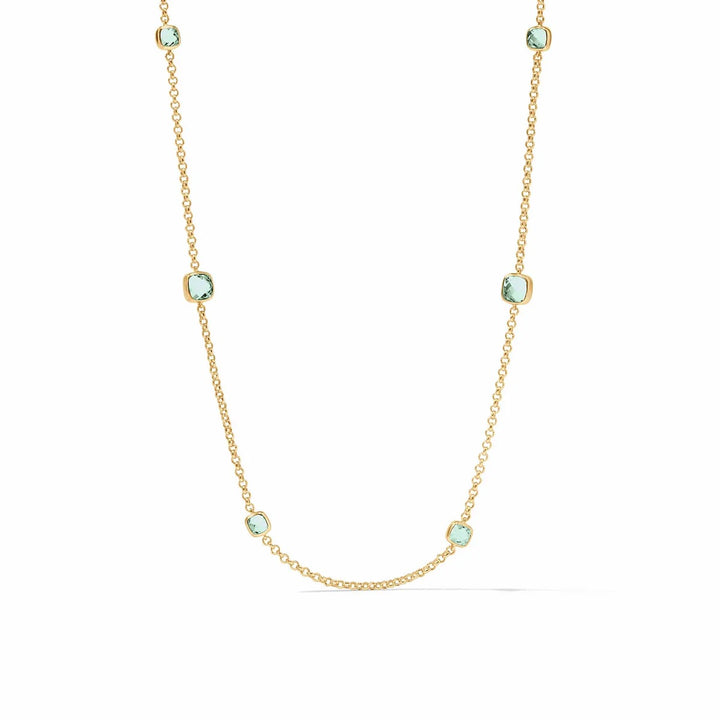 Julie Vos Aquitaine Station Necklace featuring aquamarine stones and delicate chain, a stylish jewelry accessory.