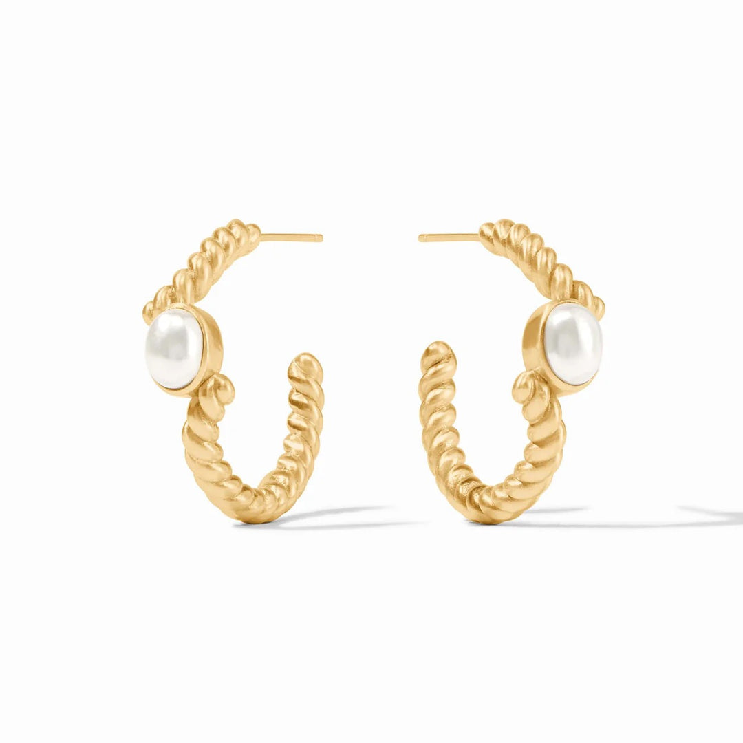 Julie Vos Nassau Stone Hoop earrings showcasing elegant gold hoops with pearl-like stone accents.