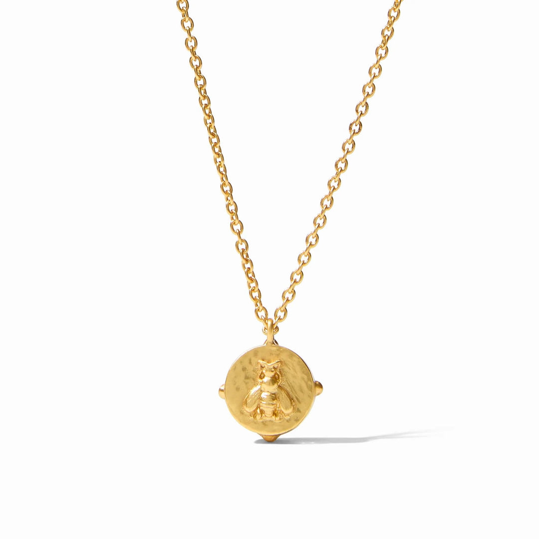 Julie Vos Honeybee Solitaire Necklace featuring a delicate gold chain and a bee-shaped pendant with a central gemstone.