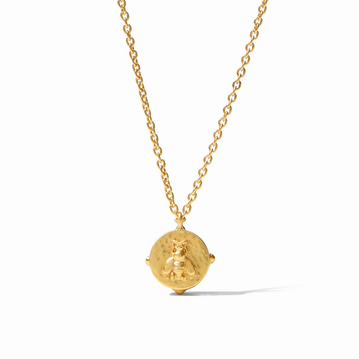 Julie Vos Honeybee Solitaire Necklace featuring a delicate gold chain and a bee-shaped pendant with a central gemstone.