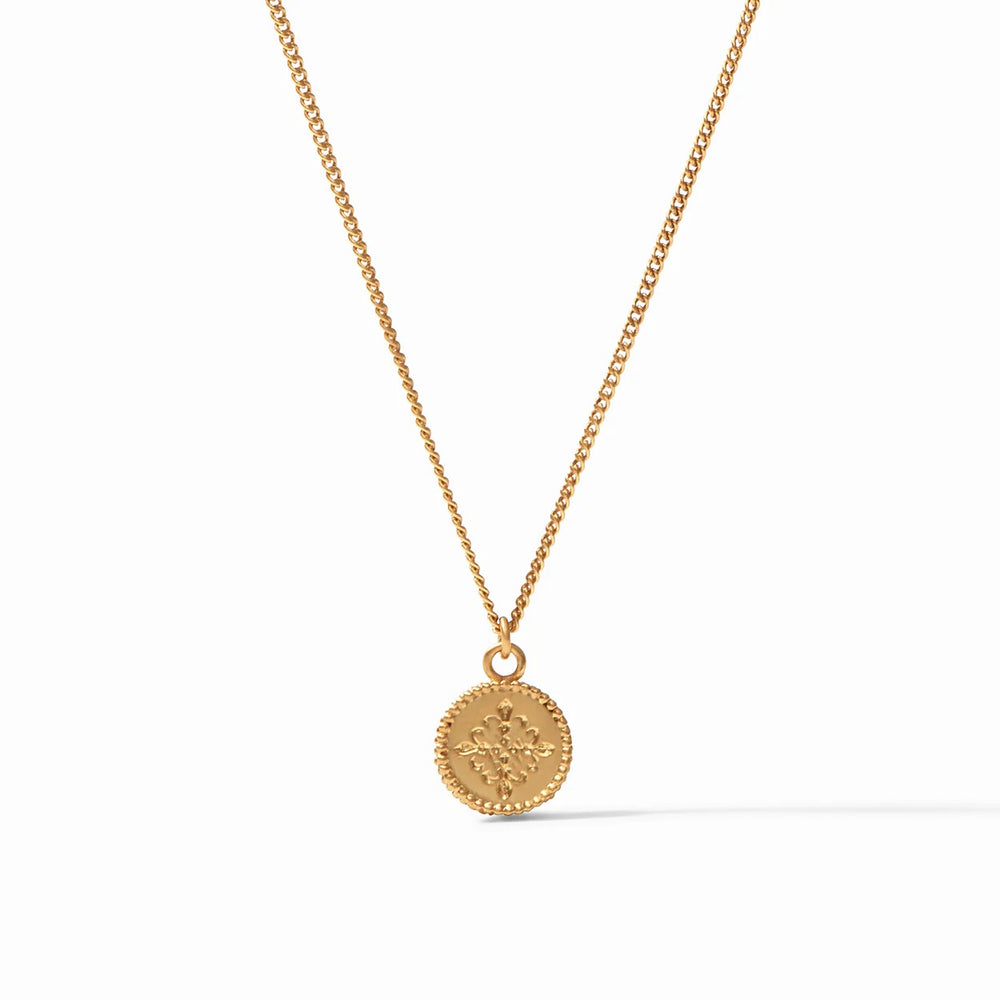 Julie Vos Fleur-de-lis Solitaire Necklace featuring a delicate gold pendant with intricate fleur-de-lis design.