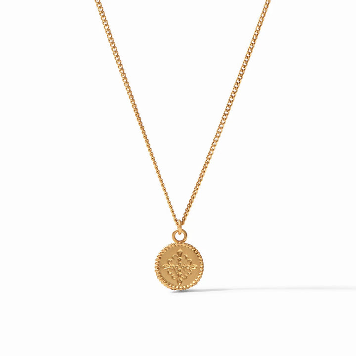 Julie Vos Fleur-de-lis Solitaire Necklace featuring a delicate gold pendant with intricate fleur-de-lis design.
