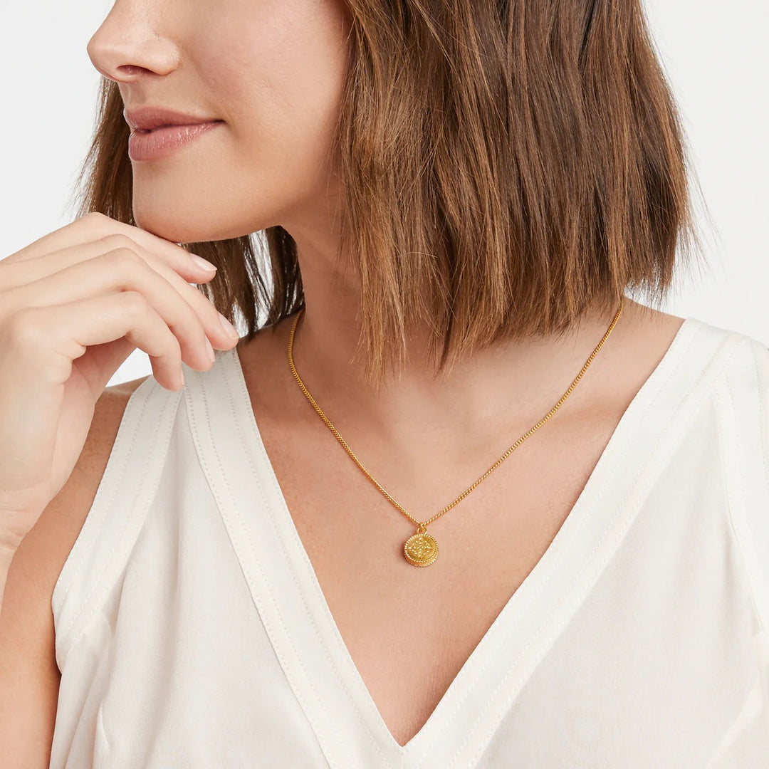 Gold Fleur-de-lis Solitaire Necklace by Julie Vos featuring a delicate pendant on a fine chain.