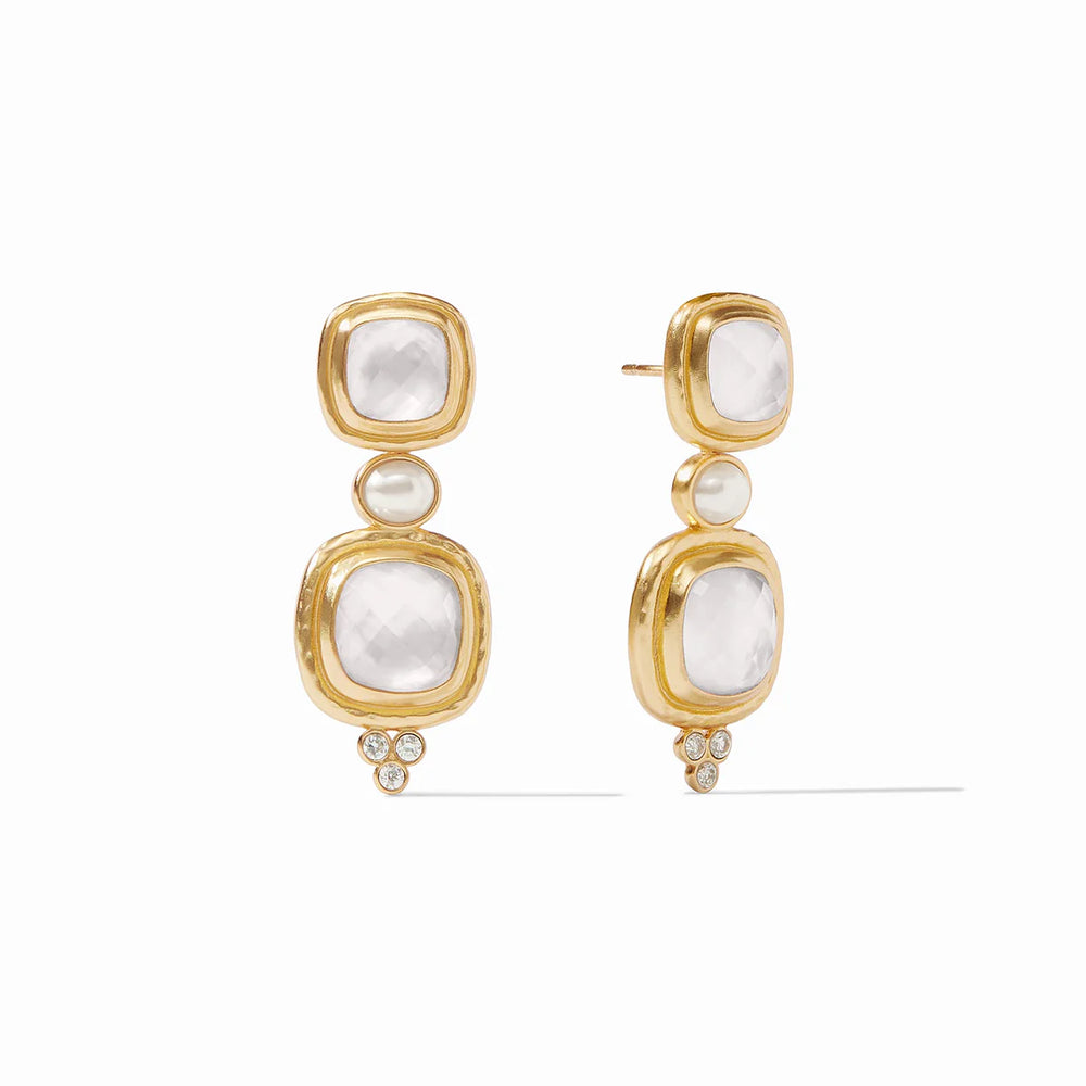 Julie Vos Tudor statement earring with iridescent clear crystals, featuring bold, elegant accessory design for sophisticated style.