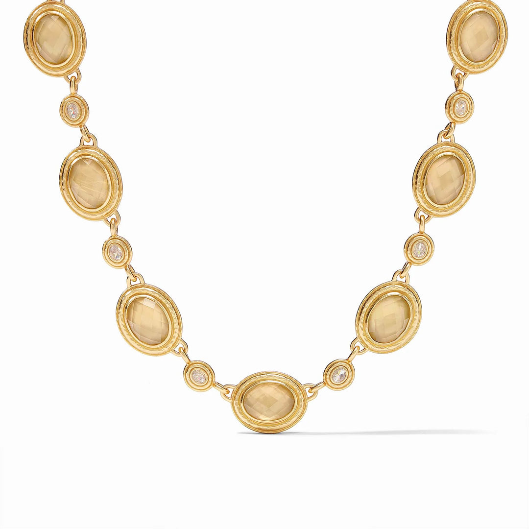 Julie Vos Tudor stone necklace with iridescent champagne-colored stones, elegant accessory for stylish outfits.