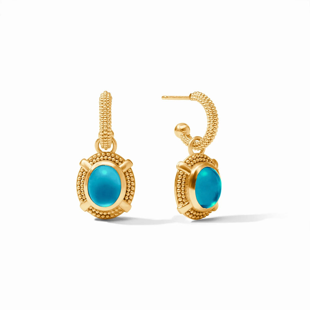 Julie Vos cabochon hoop and charm earring with gold-tone finish and colorful gemstone accents, close-up view of the accessory.