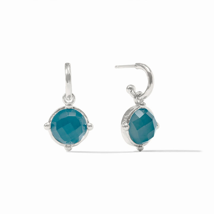 Silver honeybee hoop earrings with charm from Julie Vos, showcasing intricate bee design and elegant jewelry style.