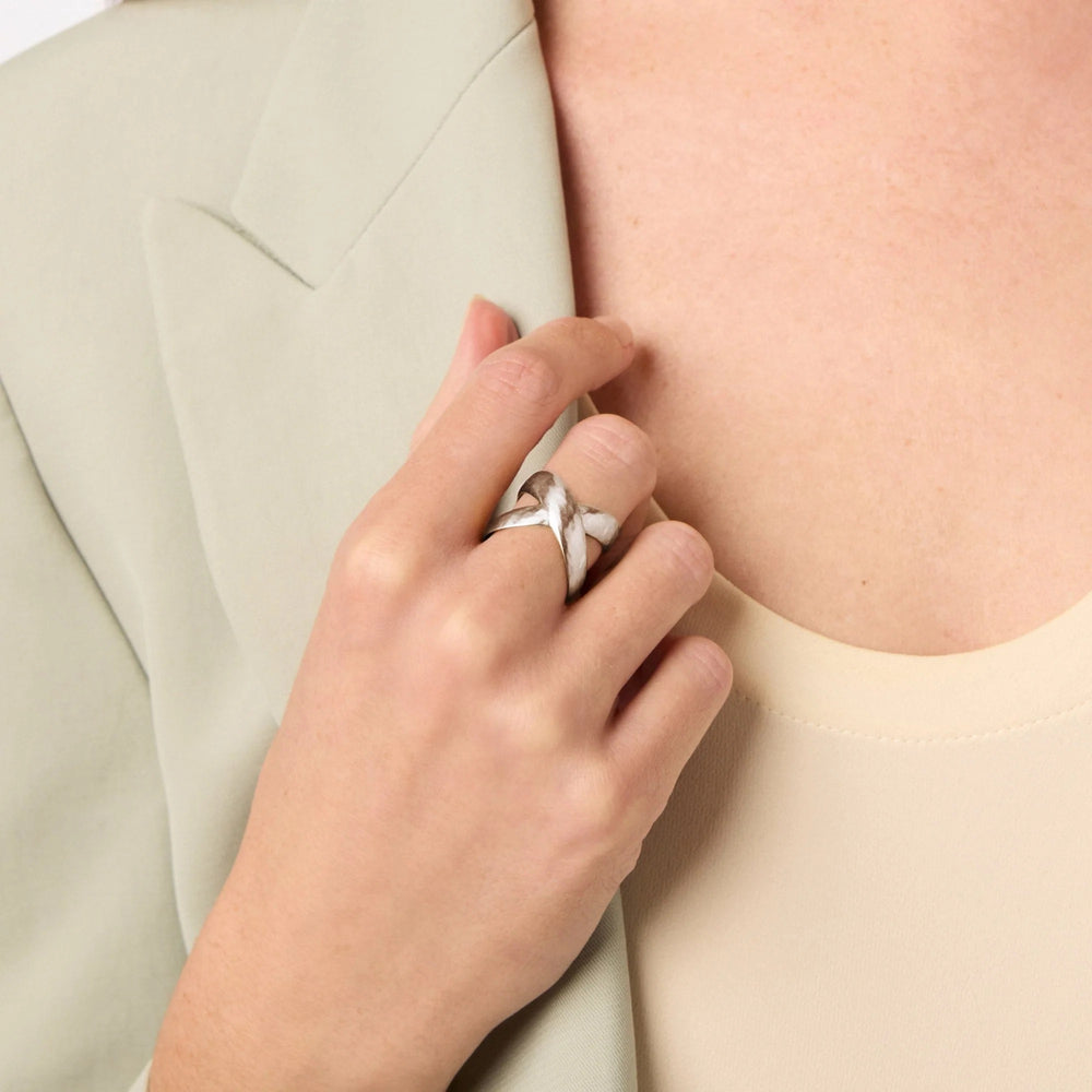 Silver Catalina X Ring by Julie Vos featuring a sleek, modern design with intersecting bands and a polished finish.