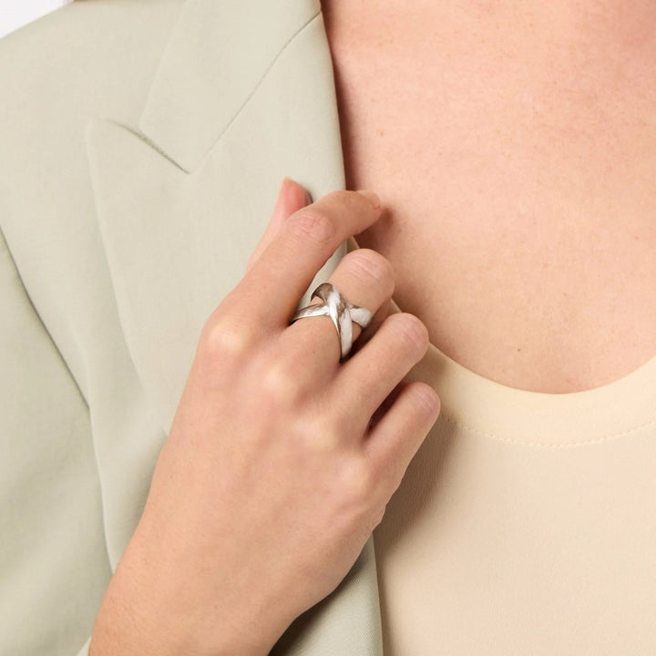 Silver Catalina X Ring by Julie Vos featuring a sleek, modern design with intersecting bands and a polished finish.
