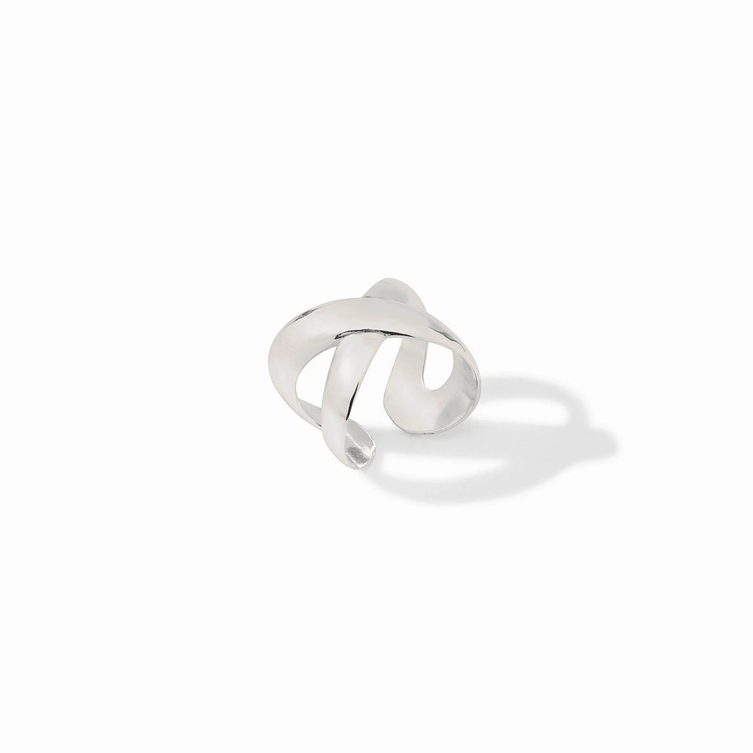 Silver Catalina X ring by Julie Vos, showcasing a stylish crisscross design with a polished finish on a plain background.