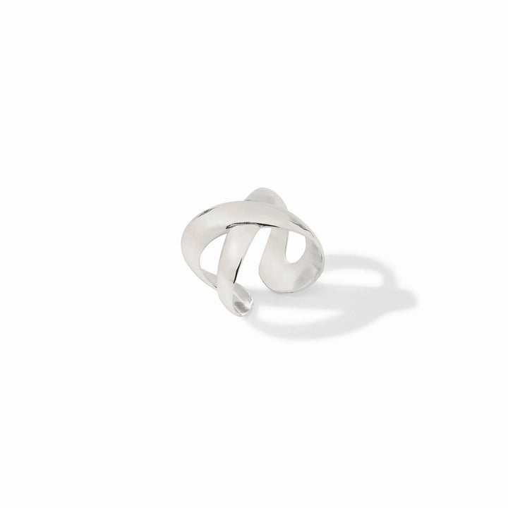 Silver Catalina X ring by Julie Vos, showcasing a stylish crisscross design with a polished finish on a plain background.