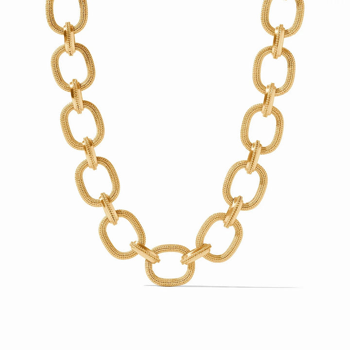 Julie Vos Cheval Link Necklace with gold-toned chain and cheval-shaped pendant, close-up view of elegant jewelry accessory.
