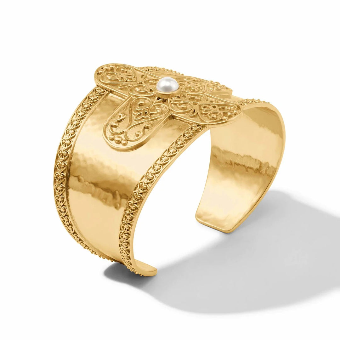 Julie Vos Corinth Cuff in gold-tone metal with intricate detailing, styled as a fashionable accessories piece.