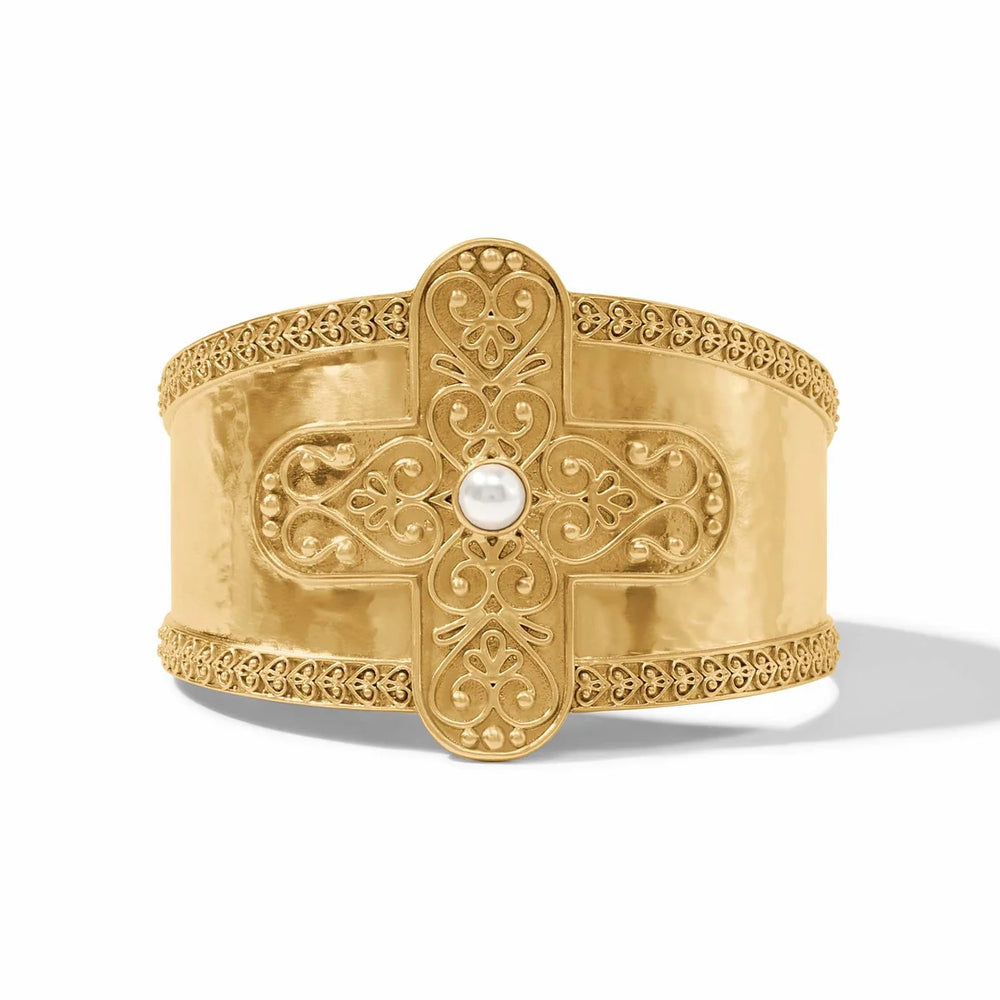 Julie Vos Corinth Cuff accessory featuring a sleek gold-toned design with intricate detailing on the open cuff bracelet.