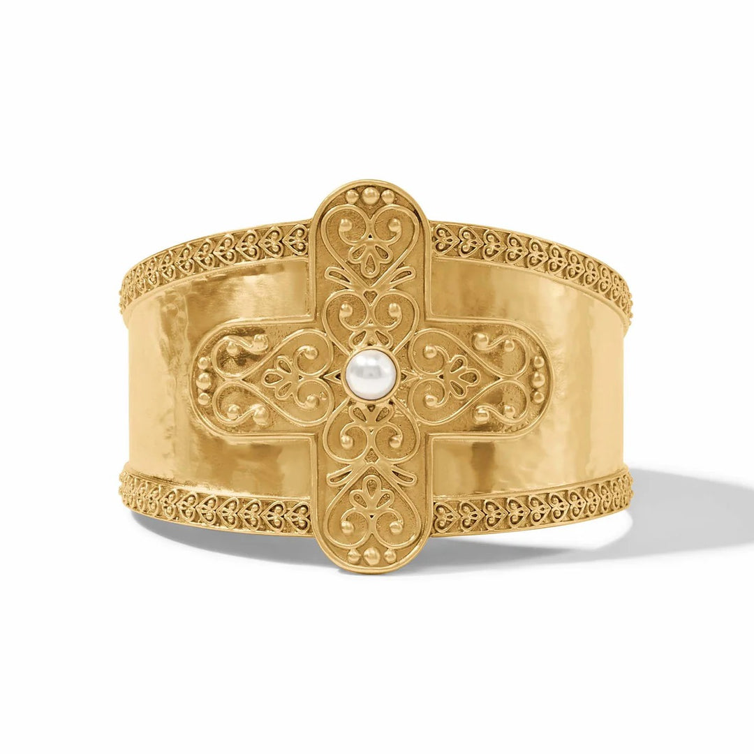 Julie Vos Corinth Cuff accessory featuring a sleek gold-toned design with intricate detailing on the open cuff bracelet.