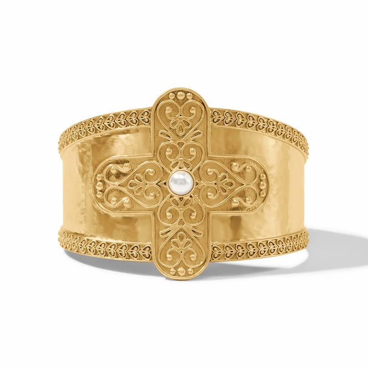 Julie Vos Corinth Cuff accessory featuring a sleek gold-toned design with intricate detailing on the open cuff bracelet.