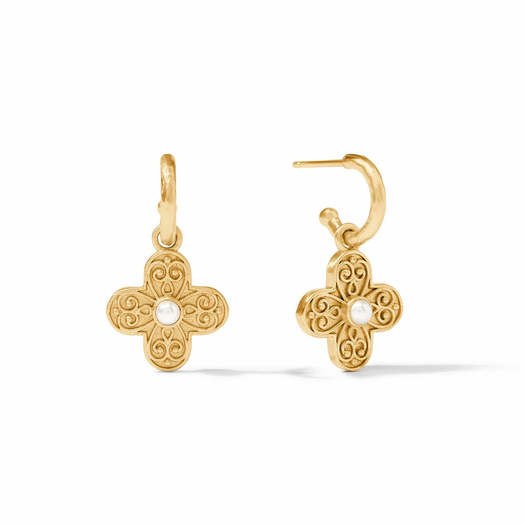Julie Vos Corinth Hoop & Charm Earrings featuring gold hoops with decorative charms, elegant jewelry accessory for women.