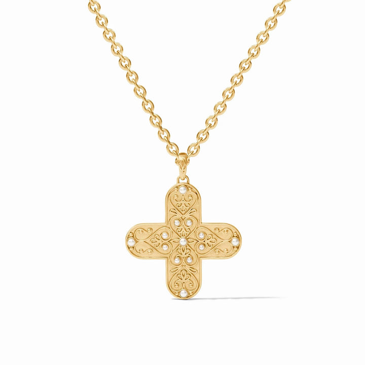 Julie Vos Corinth Pendant Necklace featuring a gold-tone pendant on a delicate chain, styled as elegant jewelry accessories.