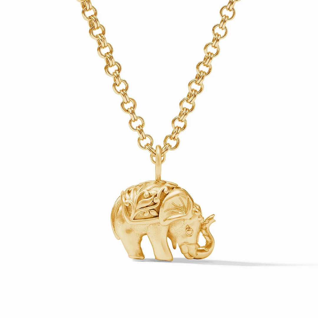 Julie Vos elephant pendant necklace, elegant accessories with detailed silver elephant charm on a delicate chain.