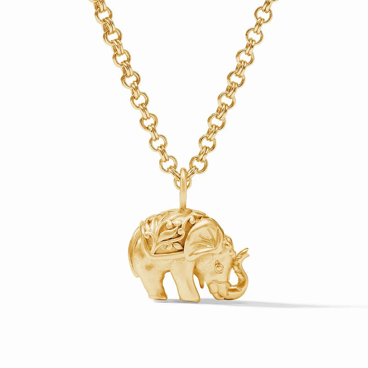 Julie Vos elephant pendant necklace, elegant accessories with detailed silver elephant charm on a delicate chain.