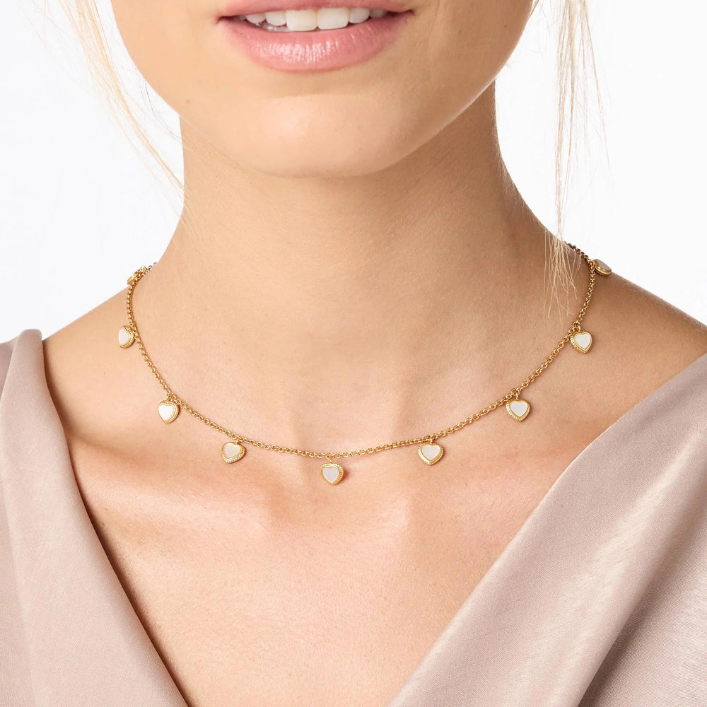 Julie Vos Heart Delicate Charm Necklace with gold chain and small heart pendant, elegant jewelry accessory.