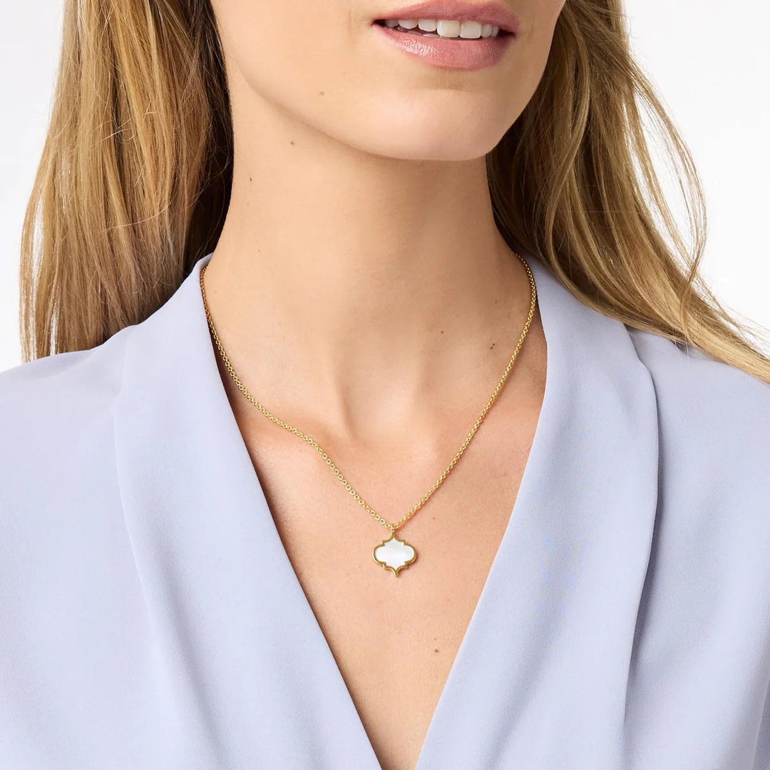 Julie Vos Helene Inlay Delicate Necklace with gold chain and intricate inlay design, close-up of the elegant jewelry piece.