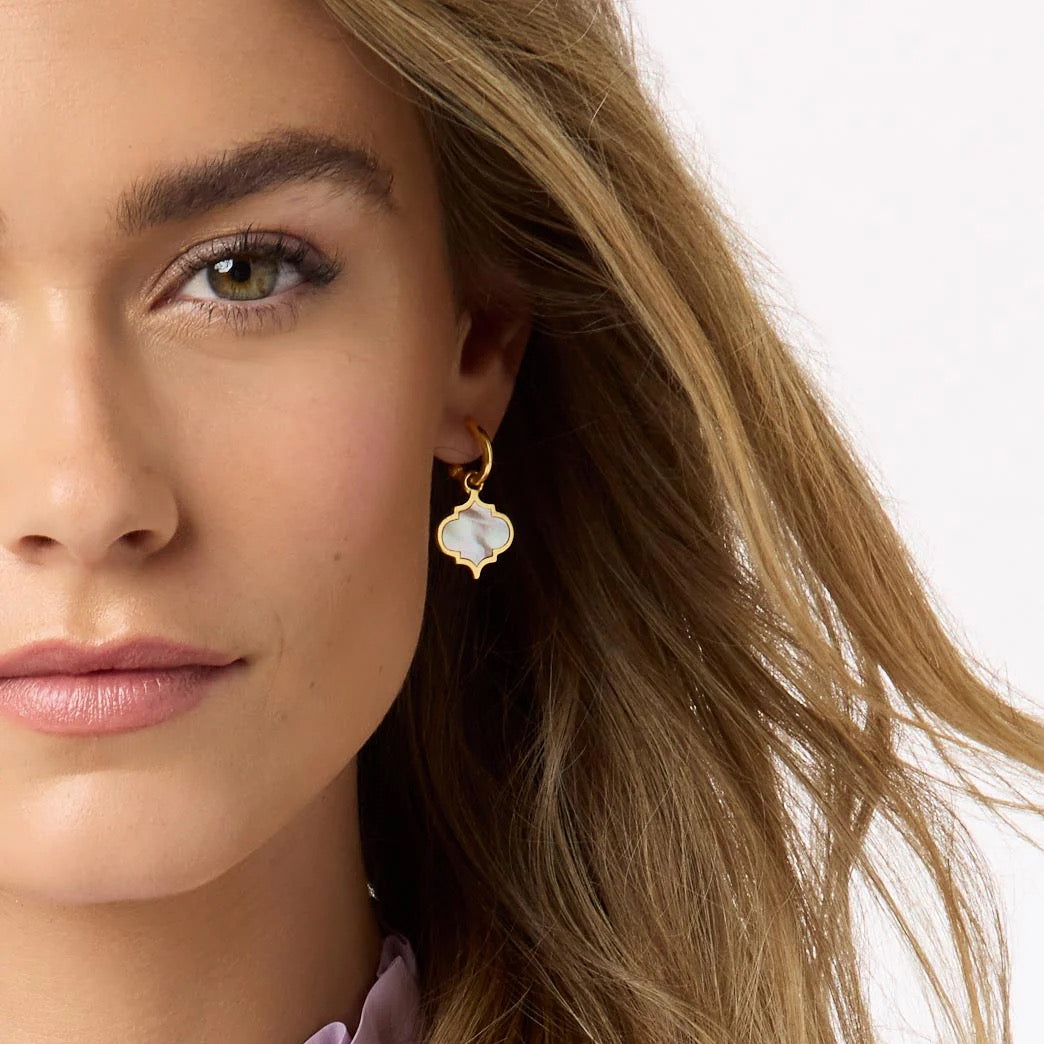 Julie Vos Helene Inlay Hoop and Charm Earring showing gold-toned hoops with inlay accents and hanging charm details.