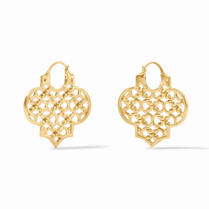 Julie Vos Helene Statement Hoop earrings featuring bold gold hoops with intricate detailing.