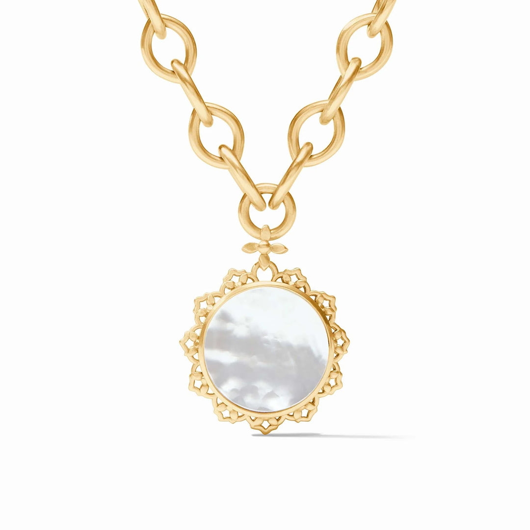 Julie Vos Helene Statement Necklace with intricate gold-tone design, showcasing elegant jewelry accessory detail.
