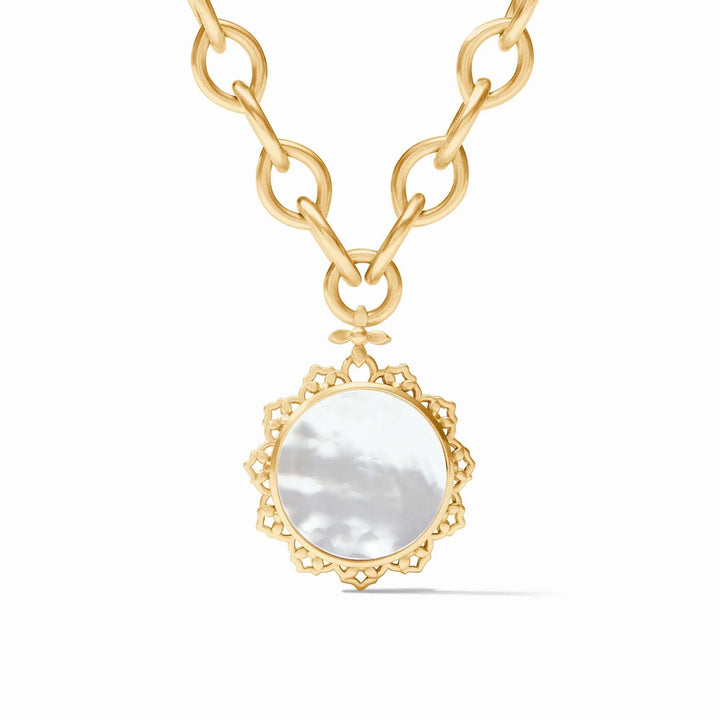 Julie Vos Helene Statement Necklace with intricate gold-tone design, showcasing elegant jewelry accessory detail.