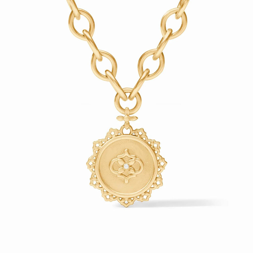 Julie Vos Helene statement necklace with intricate gold-tone design and elegant pendant, accessories for sophisticated style.