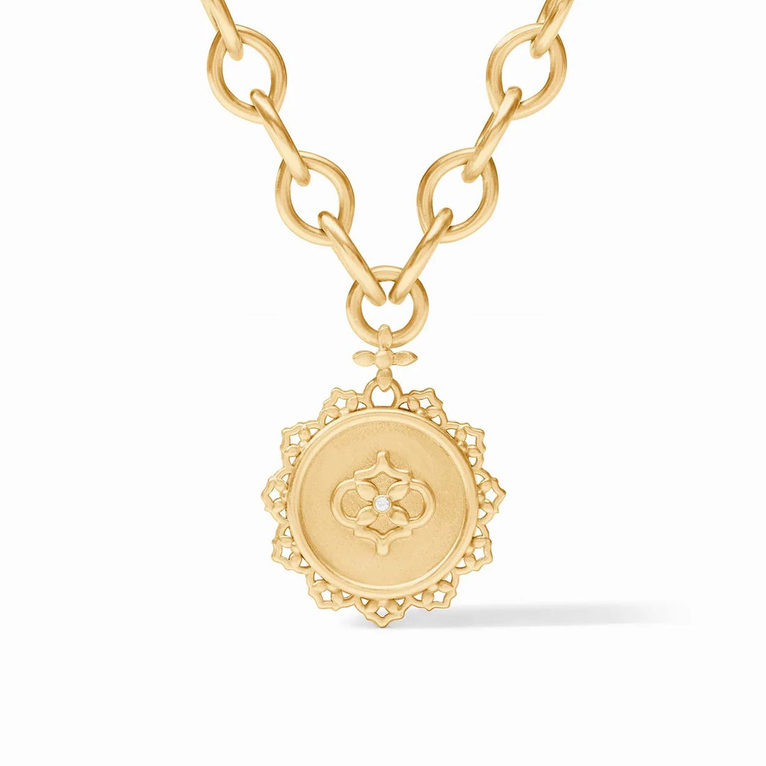Julie Vos Helene statement necklace with intricate gold-tone design and elegant pendant, accessories for sophisticated style.