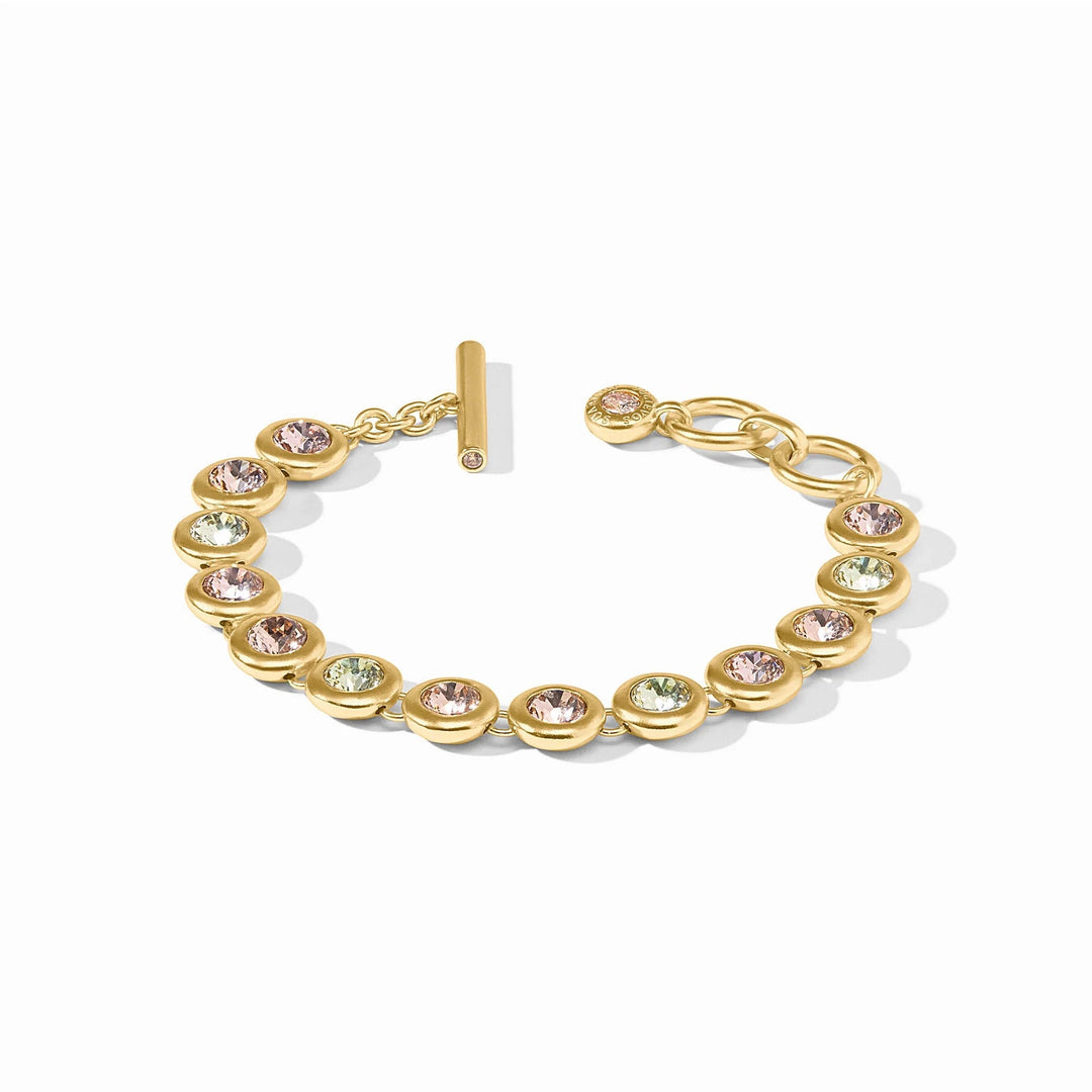 Colorful rainbow tennis bracelet by Julie Vos featuring vibrant, multi-colored stones in a sleek accessory design.