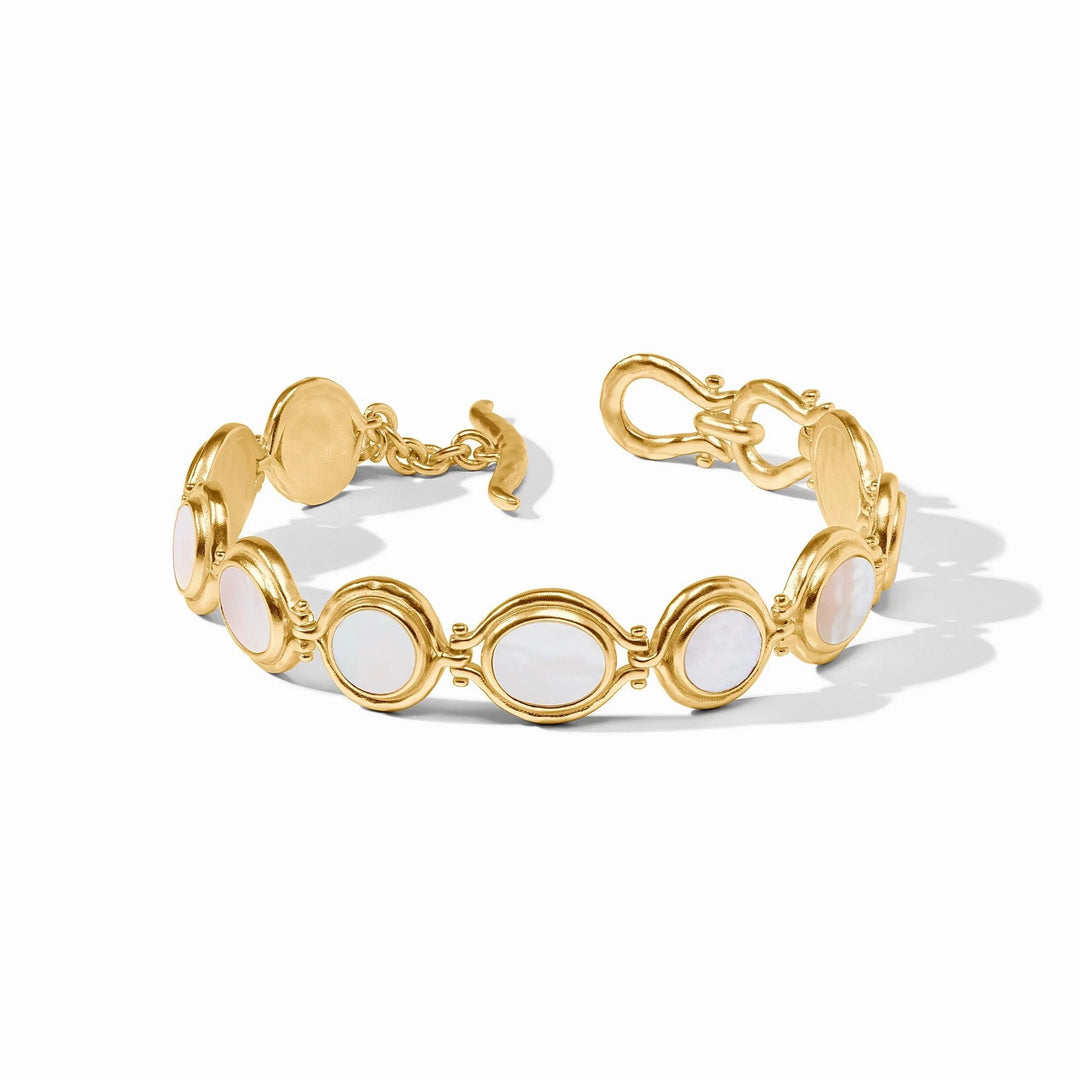Julie Vos Saratoga Tennis Bracelet showcasing elegant gold-toned links and sparkling accents on a delicate jewelry accessory.