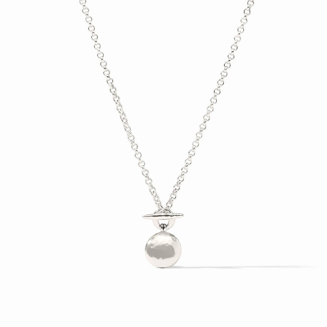 Silver Solara Delicate Necklace by Julie Vos with a fine chain and small pendant, showcasing elegant jewelry design.
