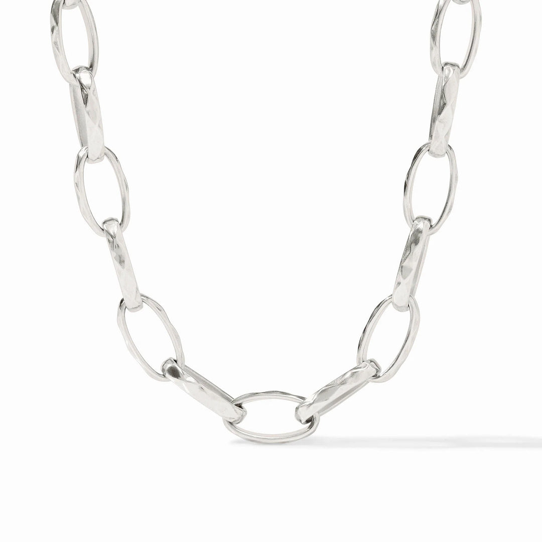 Silver Solara Link Necklace by Julie Vos, featuring interconnected link design, close-up of shiny silver jewelry.