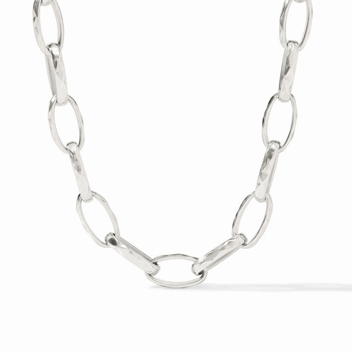 Silver Solara Link Necklace by Julie Vos, featuring interconnected link design, close-up of shiny silver jewelry.
