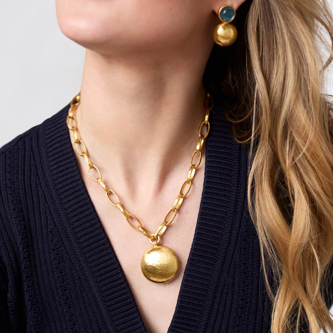 Julie Vos Solara necklace, elegant jewelry accessory with gold-tone design featuring intricate details and a stylish pendant.