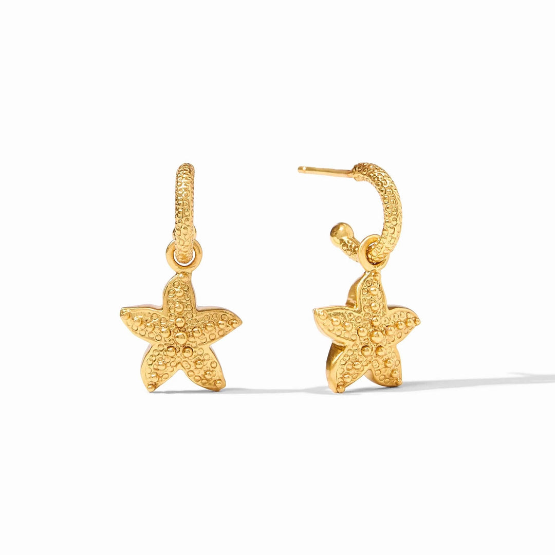 Julie Vos starfish hoop and charm earrings featuring gold-tone hoops with detailed starfish charms for ocean-inspired accessory style.