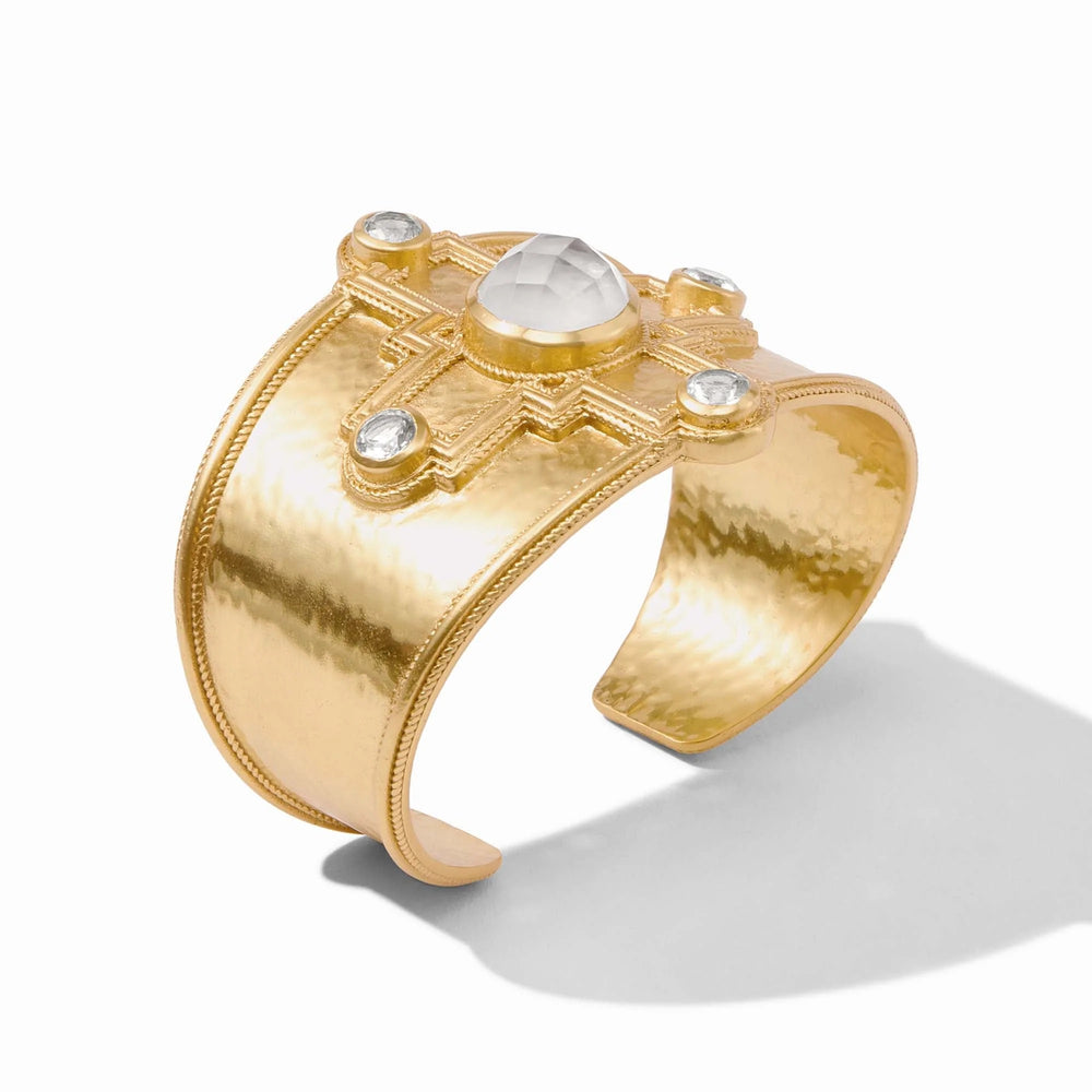 Julie Vos Theodora cuff bracelet featuring elegant gold-toned accessories with intricate design, worn on a wrist.