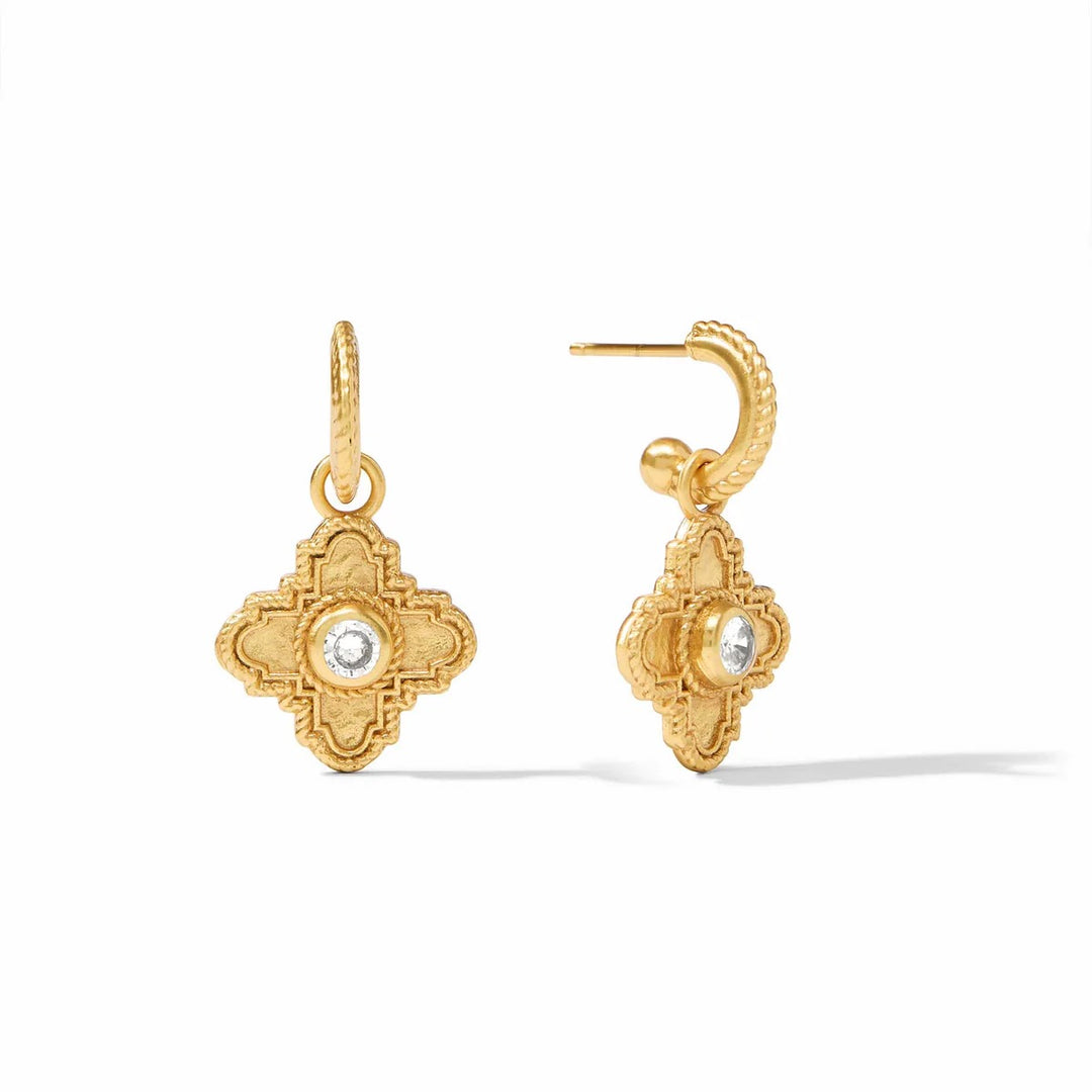 Julie Vos Theodora Hoop and Charm Earrings featuring gold hoops and decorative charms for elegant jewelry accessories.