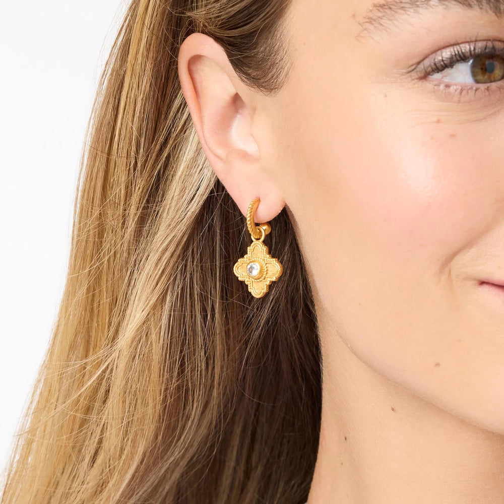 Julie Vos Theodora Hoop and Charm Earrings with gold hoops and dangling charms, stylish accessories for elegant wear.