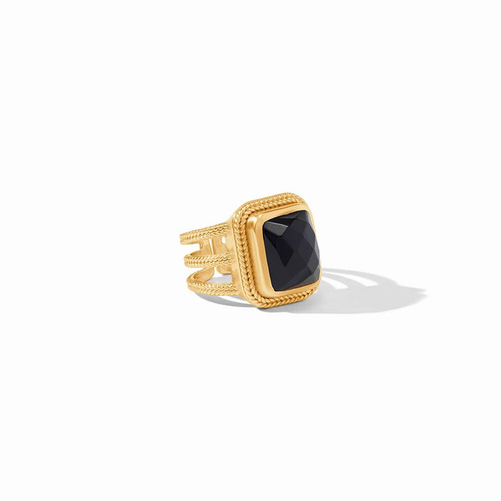 Julie Vos Cheval statement ring with intricate design, gold-tone finish, and elegant details in a close-up view.