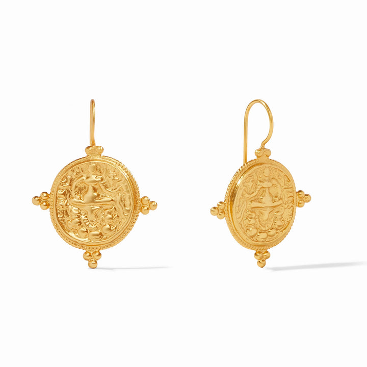 Julie Vos Quatro Coin Earring, elegant gold-toned accessories with four coin charms hanging from a delicate hook.