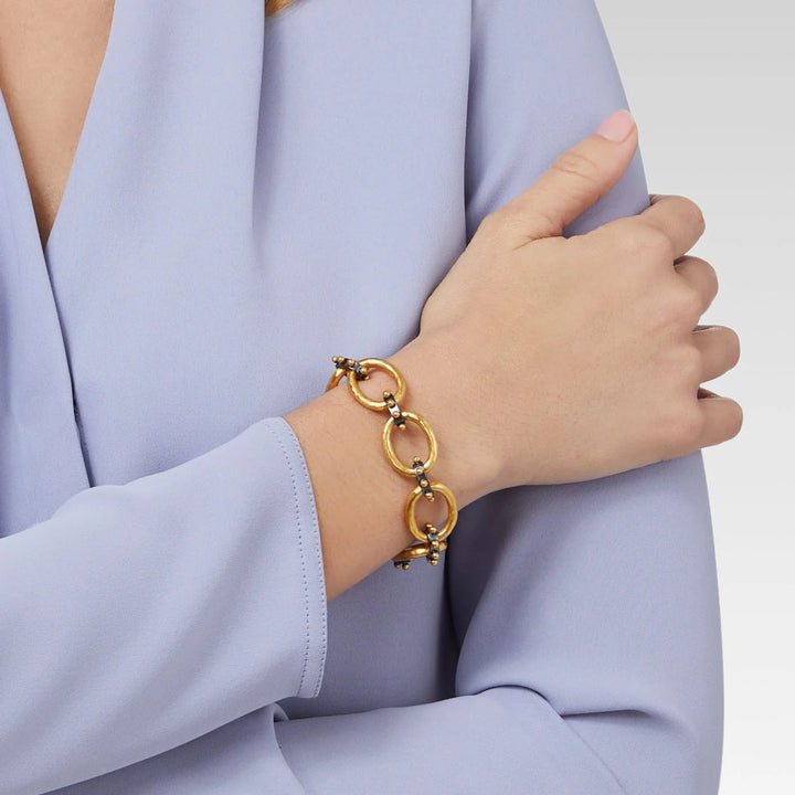 Julie Vos Soho Demi-Link bracelet, gold-toned accessories with interlinked chain design, close-up image showing detailed craftsmanship.