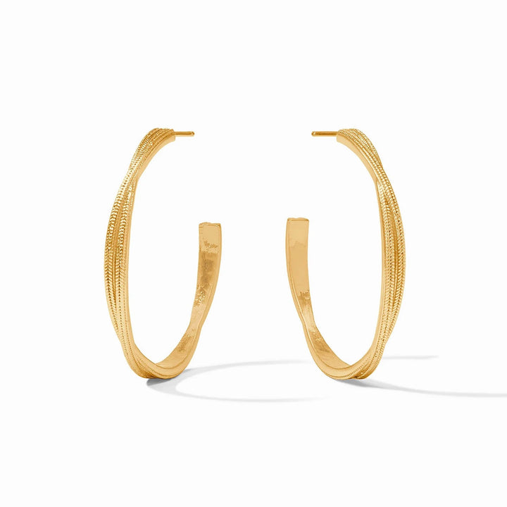 Julie Vos Cheval Twist Hoop earrings featuring gold-tone hoops with a twisted design, elegant jewelry accessory.