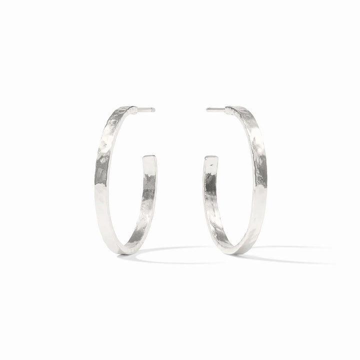 Silver crescent hoop earring from Julie Vos, showcasing a sleek, minimalist accessory with a smooth, polished finish.